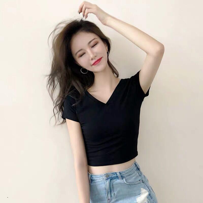 Product Introduction of Front and Rear Large Double V-neck Mouth Chicken Collar Student High Waist Midriff-Baring Backless Bottoming Shirt Short Sleeve T-shirt Women's Doublet 2