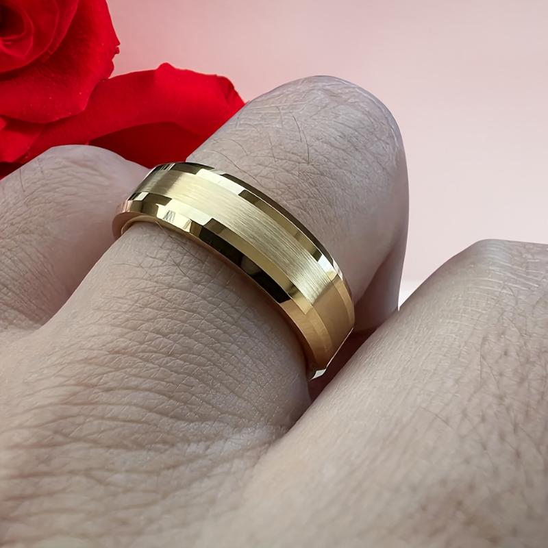 Product Introduction of [Local warehouse shipments] 1pc Luxurious 6mm Gold-Plated Tungsten Carbide Engagement Ring - Sleek Beveled Edges, Fashion Wedding Band for Men & Women, Durable & Stylish 11