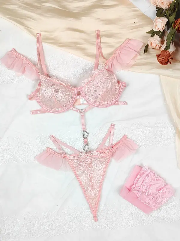 Women's Lace Sexy Lingerie Three-piece Set, Solid Color Push Up Bra & Thong & Stocking, Lingerie Set for Women 8