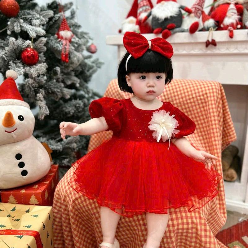 váy tolita đỏ ren nhung tuyết nơ hoa trắng kèm cài nơ 1