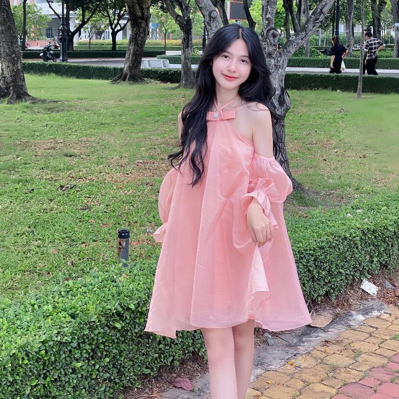Váy Thiết Kế, Chất Liệu Voan Gợi Cảm, Cổ Cắt Xiên, Có 2 Lớp Kim Cương Giả, Có Chi Tiết Thắt Nơ 0