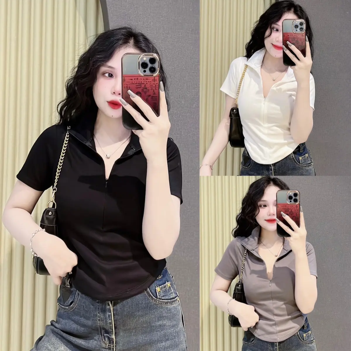 [ Có Size 40kg - 60kg ] Áo thun ôm body nữ dáng ngắn cổ bẻ phối khoá kéo ôm sát ( Cổ bẻ TN khoá kéo A.H )