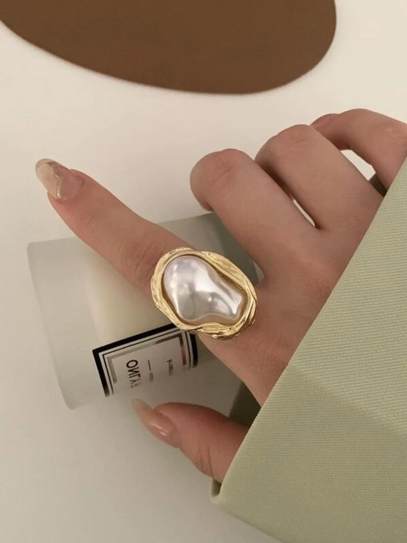 Product Introduction of Faux Pearl Decorated Geometric Design Ring, Casual Adjustable Opening Ring For Party, Daily Clothing Decor For Girl Women For Gift 2