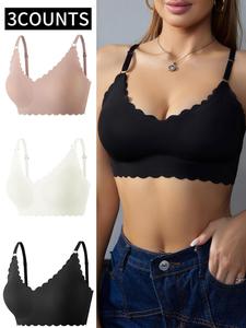 Women's Solid Color Scallop Trim Wireless Push Up Bra, Casual Comfortable Breathable Adjustable Strap Seamless Buckleless Bra, Women's Lingerie for All Seasons