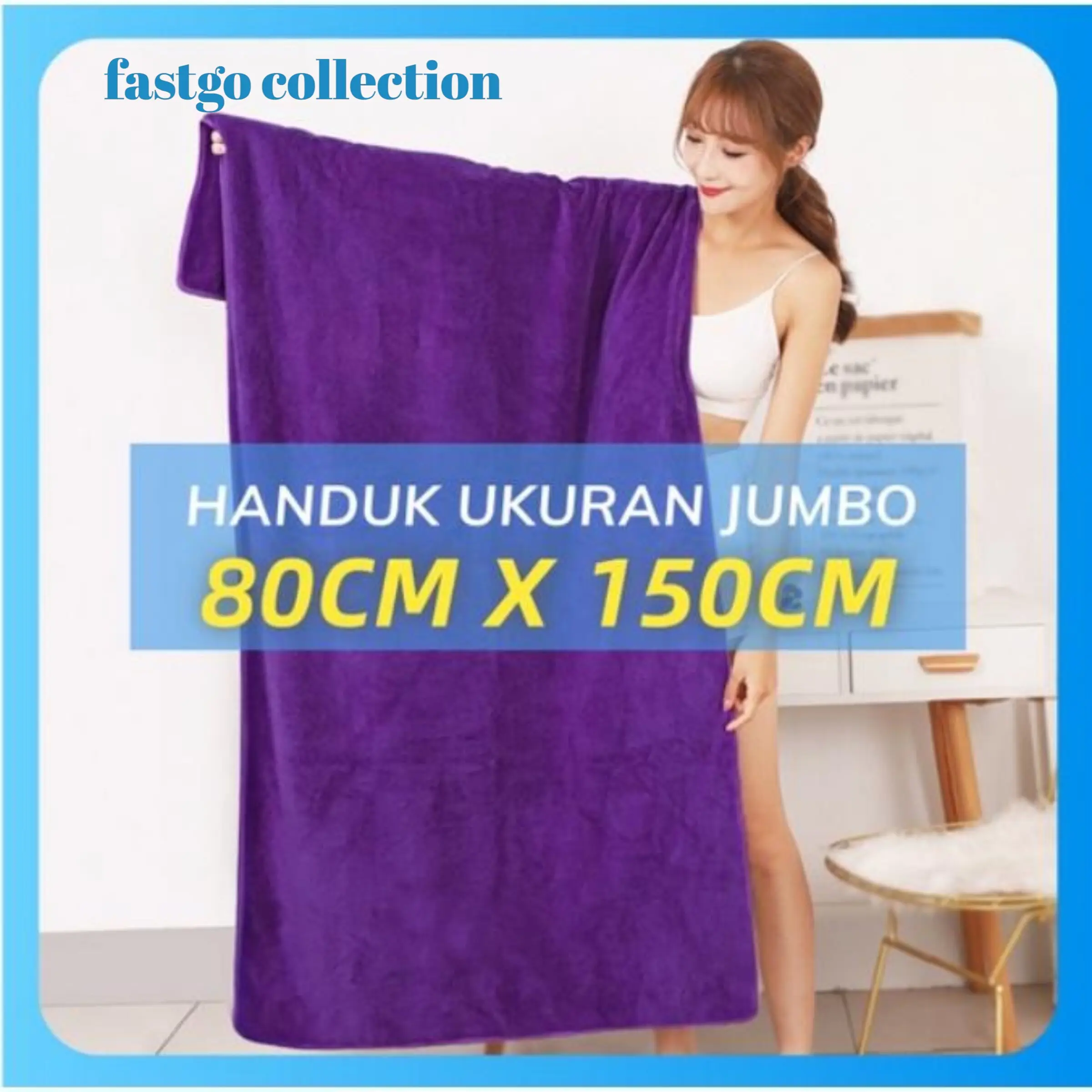 FASTGO Handuk Mandi Jumbo Handuk Dewasa Motif Polos Microfiber Uk 80X150cm Biru Pink