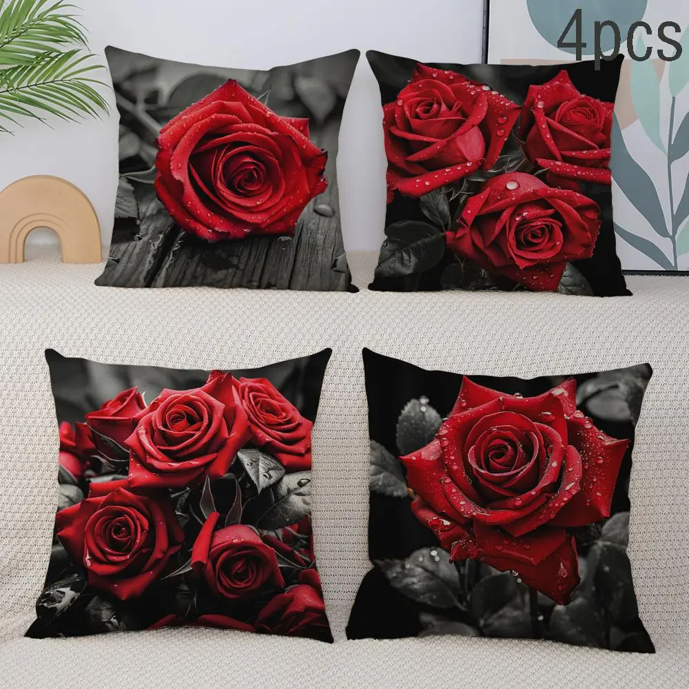 Rose Print Cushion Cover without Filler, 4 Counts Exquisite Modern Art Square Pillowcase, Household Decoration Supplies for Home Sofa Bed Car Living Room