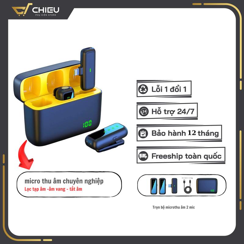 Bộ 2 Micro Thu Âm Cài Áo Không Dây Có Hộp Tích Hợp Sạc Dành Cho Livestream, Quay Video