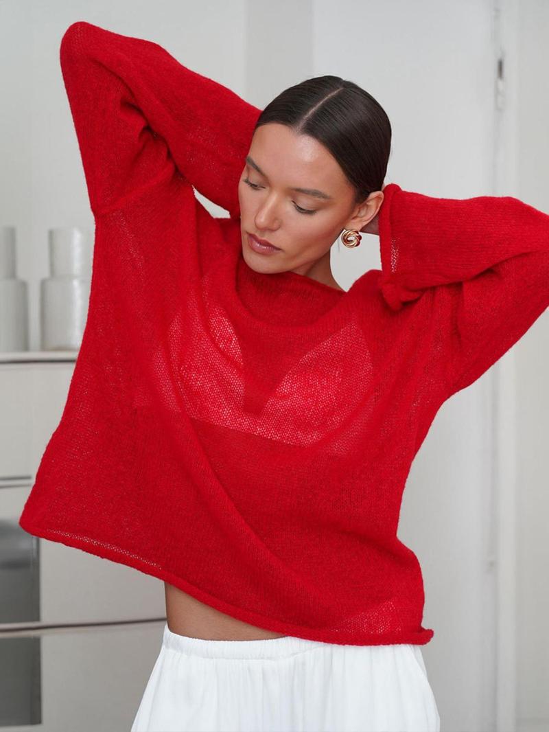 Product Introduction of Women's Plain Sheer Drop Shoulder Sweater, Casual Long Sleeve Boat Neck Jumper for Spring & Fall, Fashion Women's Knitwear for Daily Wear 6