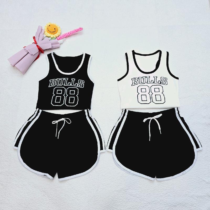 Sét bộ áo ba lỗ croptop dáng ôm in chữ và số 88 cộng quần short viền sọc hai bên dễ thương dành cho phái nữ Women Thun Voi Nhung Kem Sen Lịch Tre 2