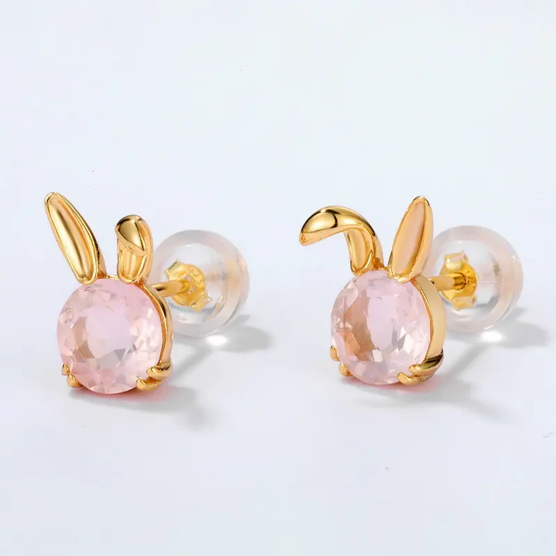Hoa Tai Thỏ, Thiết Kế Nhỏ Nhắn Dễ Thương, Pha Lê Hồng Tự Nhiên, Mạ Bạc 925, Mạ Vàng 9K