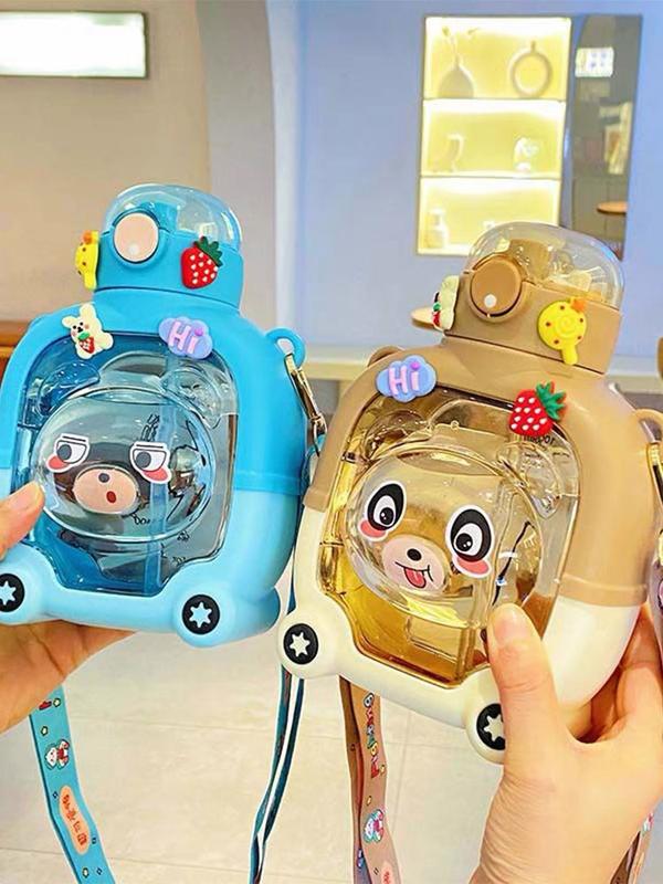  【Hot  Bình Nước Hình Ô tô- Hai Lớp Dung Tích Lớn Tiện Lợi In Hình Gấu Hoạt Hình Dễ Thương 