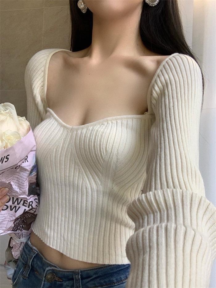 Product Introduction of Áo Dệt Kim Tay Dài Cổ Vuông Dáng Ôm Trơn 8