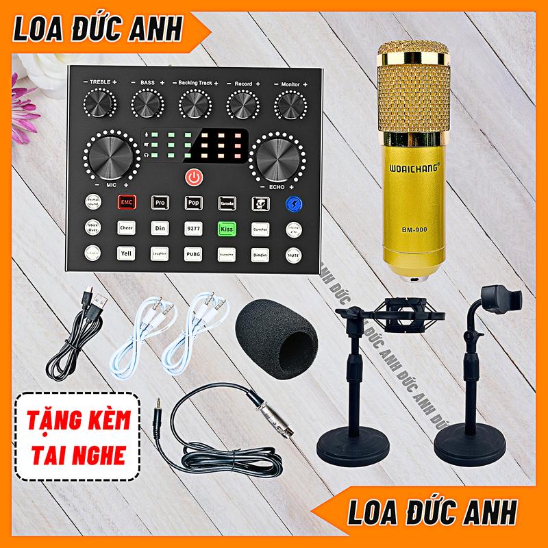 Bộ Sound Card V8S Đời Mới Mic BM900 Chuyên Thu Âm, Hát Livestream Có Bluetooth, Kẹp Điện Thoại và Tai Nghe
