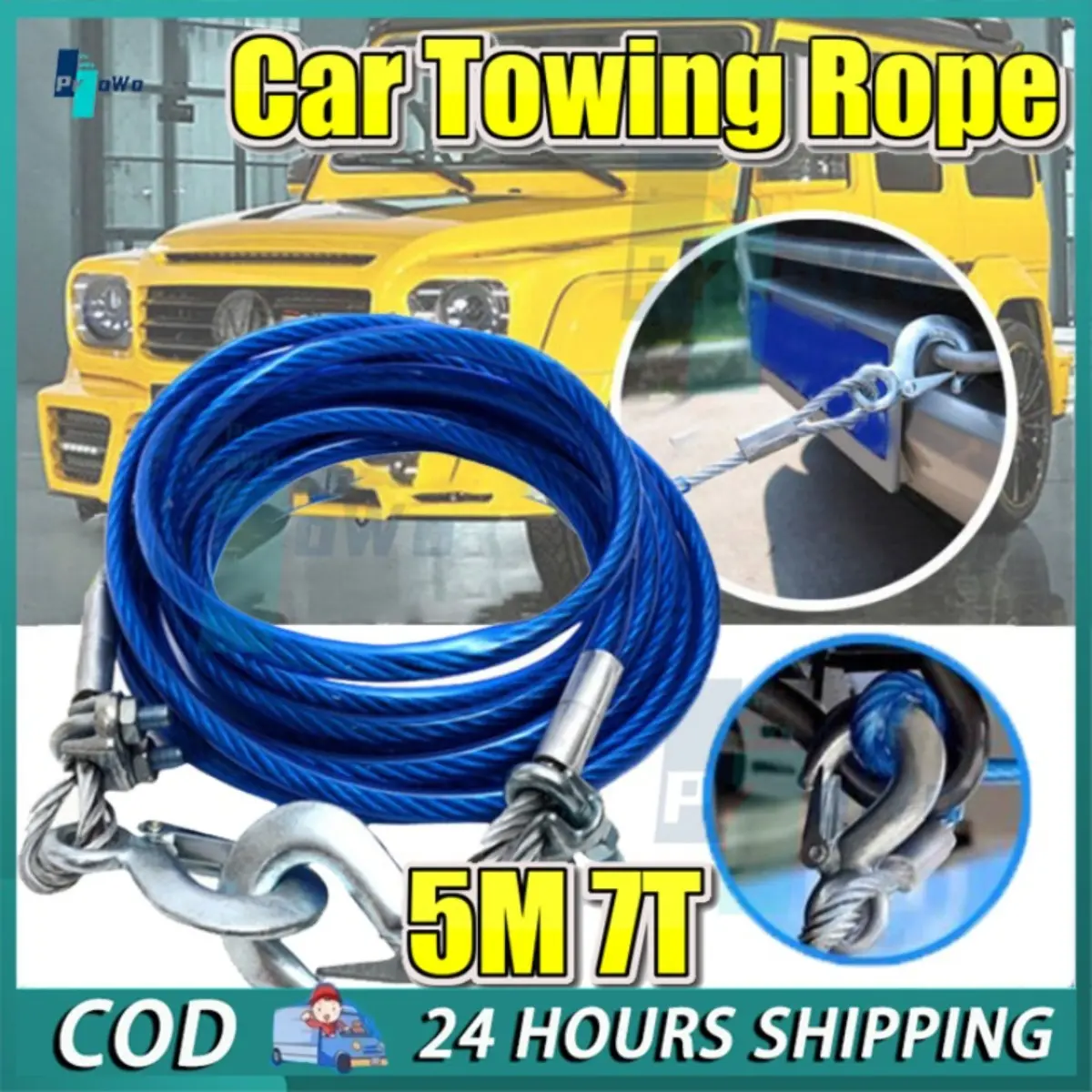 5M 7 Tons Tow Rope Steel Wire Towing Rope Car High Strength Safety Hook With Safety Hook