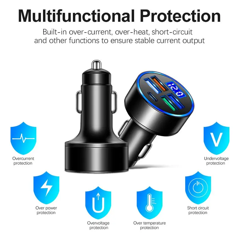 Portable 4 Port USB Car Charger, 1 Count 4 USB Ports Car Charger with LED digital display, Car Charger Adapter 8