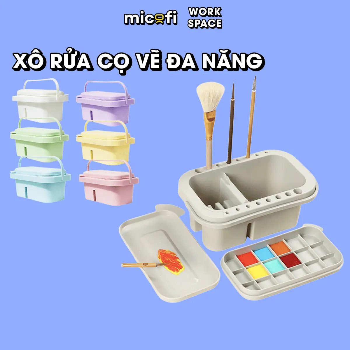Đồ Rửa Cọ Pha Đựng Màu Nước, Dụng Cụ Xô Có Nắp Khay Rửa Phơi Làm Sạch Cọ Vẽ To Nhỏ Đa Năng Nhiều Ngăn Tiện Lợi