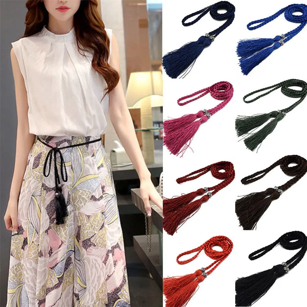 Dress Rope Chain Bowknot Women Braided Decorated Waist Woven Tassel Belt