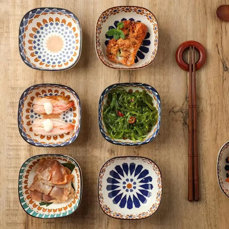Ceramic Dipping Bowl Set, 3/6 Counts Creative Boho Style Sauce Bowl with Wooden Tray, Kitchen Tableware for Home Dining Room Picnic 4