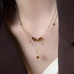 【zhamus】Kalung Batu Mata Harimau Bunga Matahari Emas Wanita Desain Ceruk Rantai Sweter Rantai Klavikula Retro