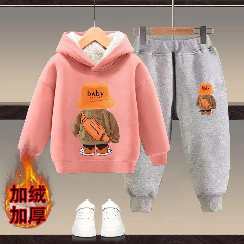 Bộ Đồ Áo Nỉ Có Mũ Trùm Đầu, Cho Trẻ Em, Lót Lông Cừu, Dày Dặn, Thích Hợp Cho Mùa Thu Và Mùa Đông, Cho Bé Trai Và Bé Gái, Phong Cách Phương Tây Mới, Bộ Đồ Ấm Áp Hai Mảnh, Trẻ Em 5