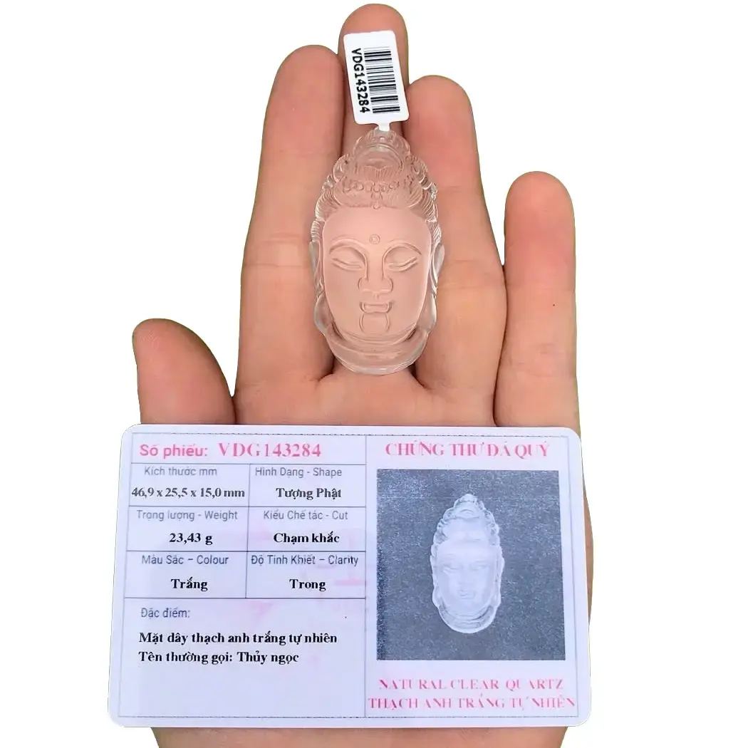 Quan Âm Thủy Ngọc Thạch Anh Trắng Trong Tự Nhiên+Chứng thư kiểm định