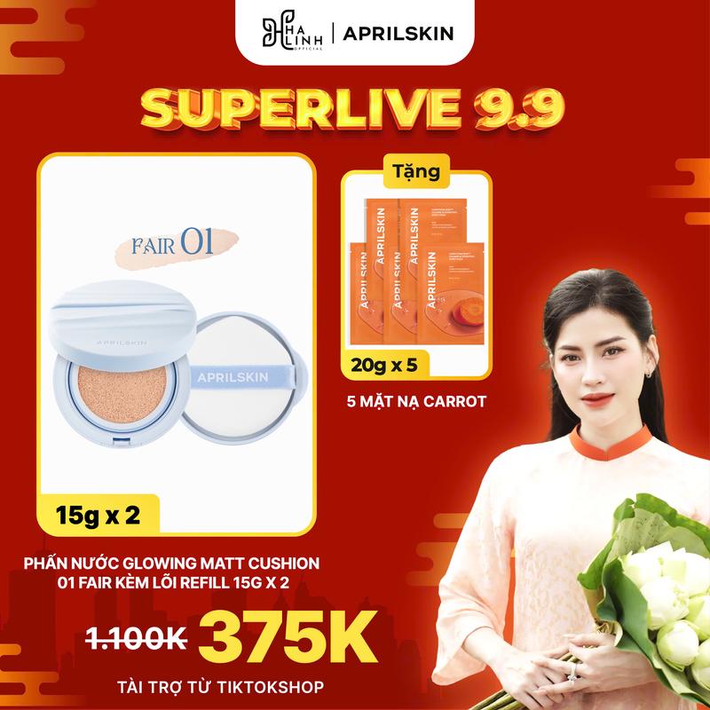 [Võ Hà Linh x APRILSKIN] Phấn Nước Glowing Matt Cushion 15g*2 (kèm lõi refill) 01 Fair +  Tặng 5 mặt nạ carot 20gx5