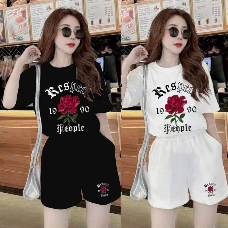 Set bộ đùi nữ mặc nhà chất cotton su phom rộng áo phông quần đùi bộ thun mùa hè in hoa đỏ đồ macnha ngủ 4
