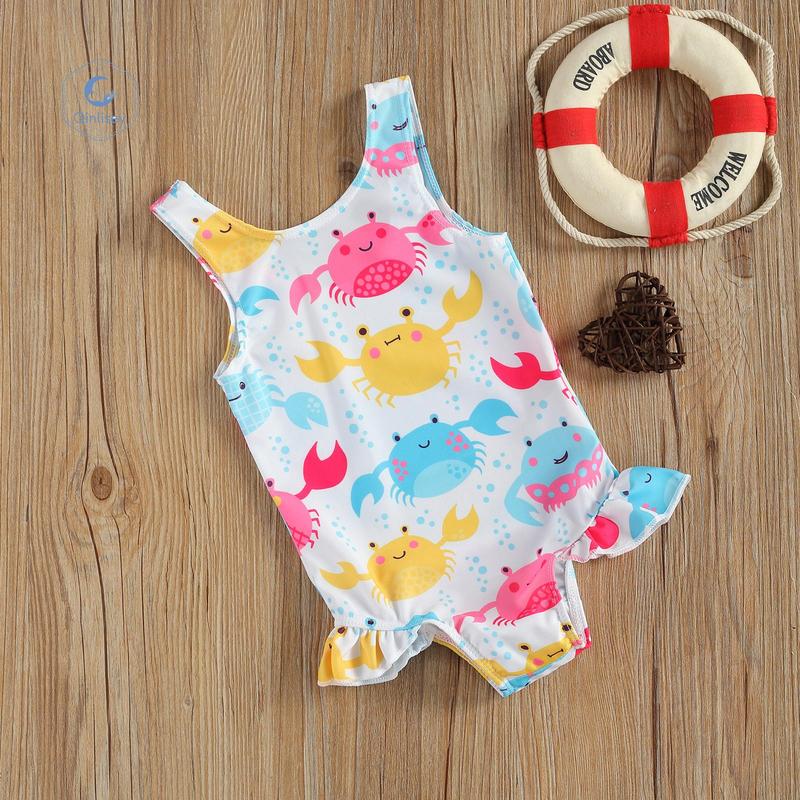 Qinlisey Breathable Little Girls One-piece Swimsuit, Summer Children Cute Crab/Donut Printing Sleeveless Swimwear for Vacation 3
