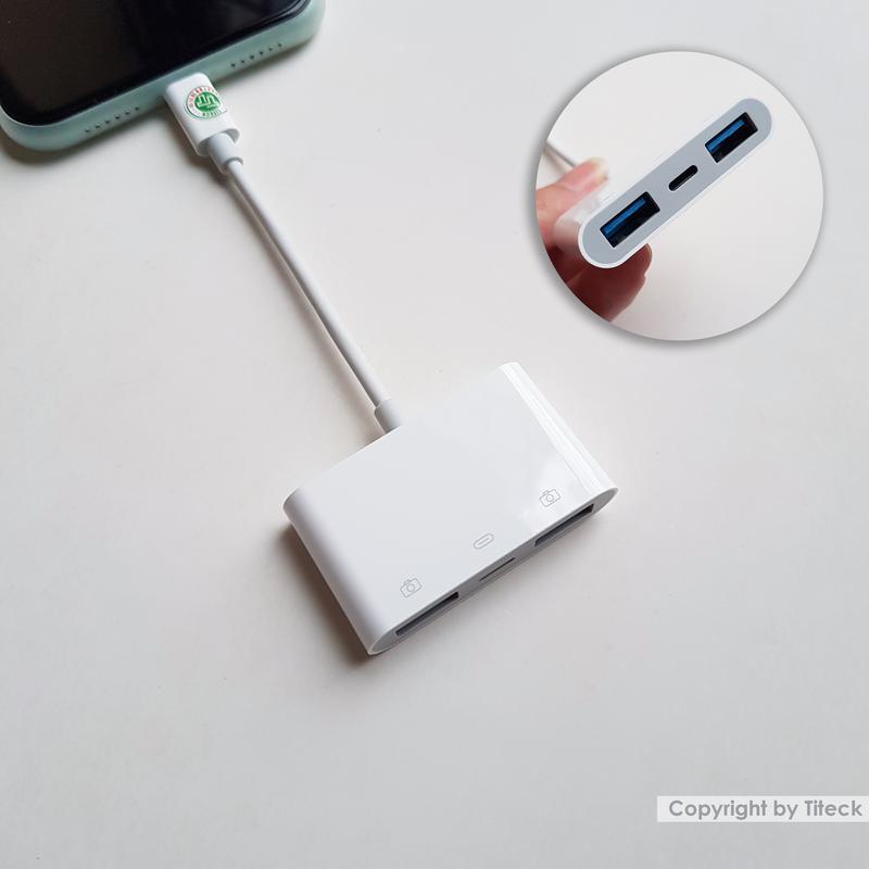 Cáp OTG iP 3in1 chia ra 2xUSB và sạc dùng kết nối các thiết bị bàn phím usb chuột đàn MIDI ổ cứng di động