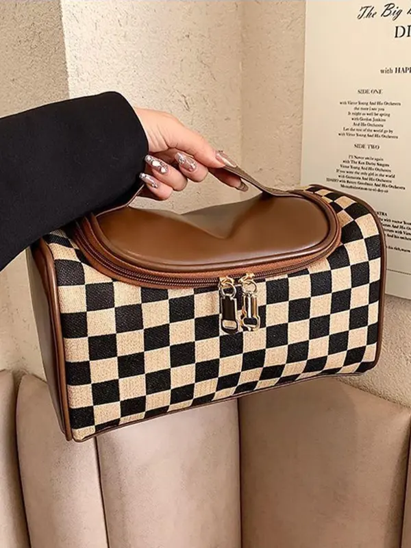 Women's Fashionable Plaid Pattern Handbag, Large Capacity Cosmetic Bag, Portable Toiletry Bag, Casual Trendy Versatile High-quality Daily Commuting Bag 3