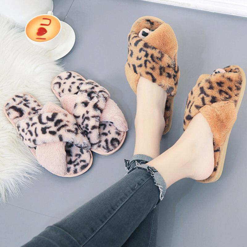 New Women Slippers Winter Warm Shoes Flat Sweet Woman Indoor Faux Fur Warm Soft Slip on Home Leopard Print Pink Furry Ladies Slipper 1