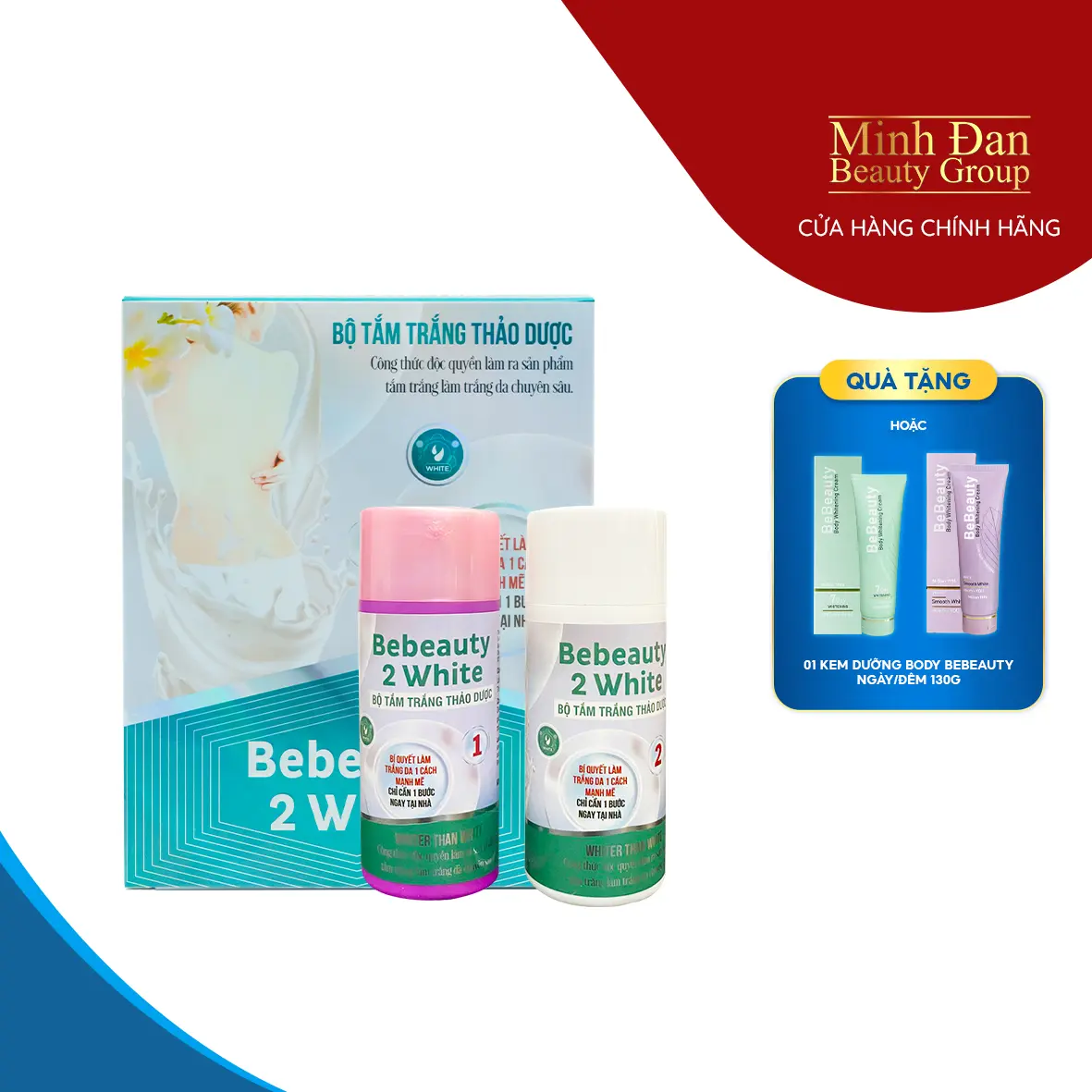 [TẶNG KÈM 1 TUÝP KEM DƯỠNG NGÀY/ĐÊM] 1 bộ Bebeauty 2 White – Bộ tắm trắng thảo dược