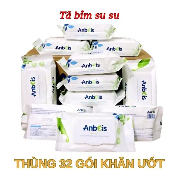 (1 Thùng _ 32 gói) Khăn ướt không mùi Anbeis chứa tinh chất trà xanh Cho Bé Voi