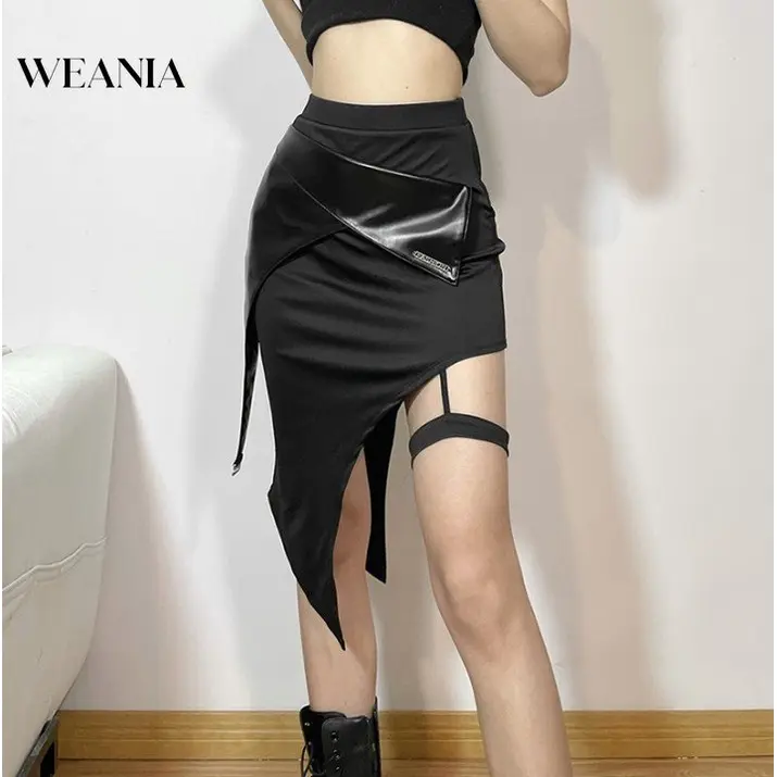 WEANIA-Váy Pu Cạp Cao Cho Nữ, Thiết Kế Mới, Chắp Vá, Không Đều, Có Dây Xích Chân 2