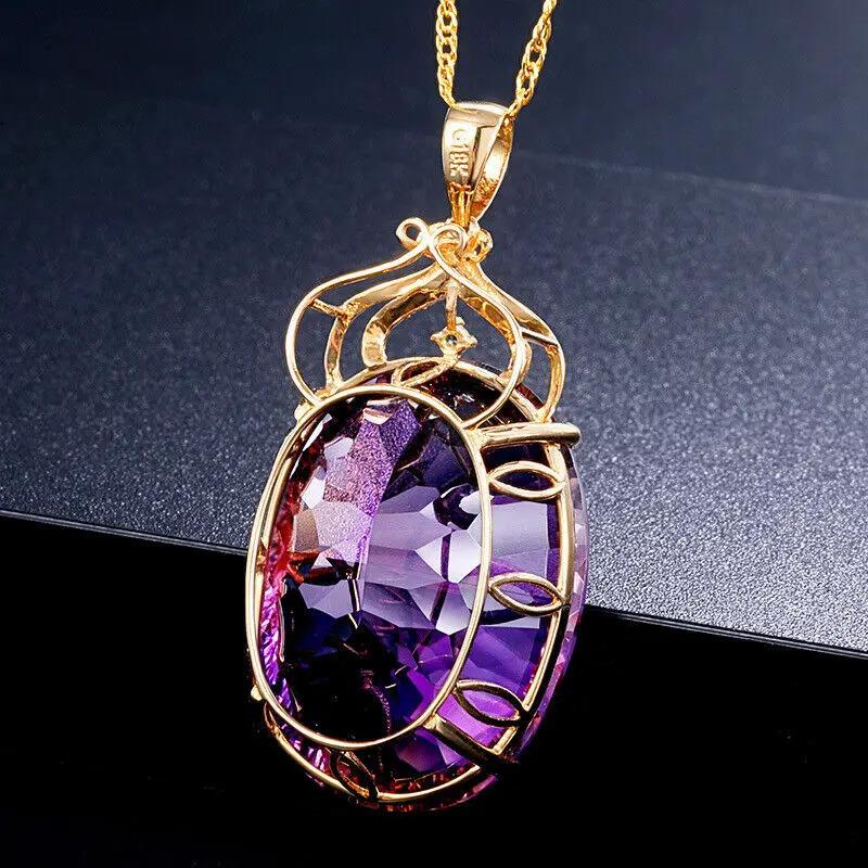 Gemstone Charm18k Gold Plated 36CT Amethyst Color Oval Crystal Pendant Necklace Lady Wedding Jewelry 4