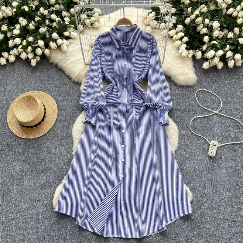 【ready stock】FADFAD Gaun kemeja bergaris yang stylish dan elegan 0