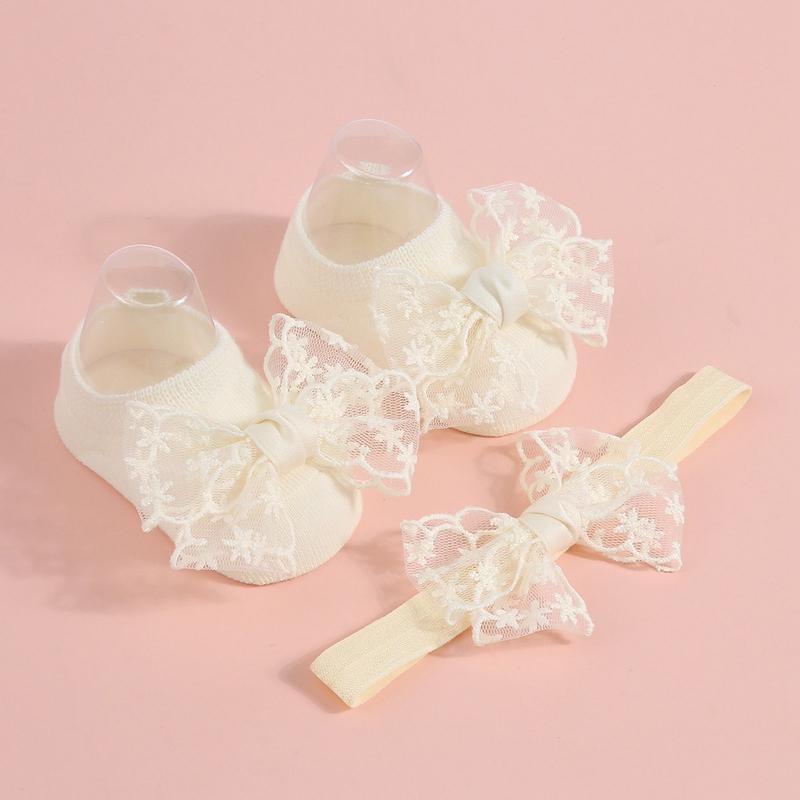 Product Introduction of Baby Girls Cute Socks with Headband Sets Lace Bow Knit Princess Socks for Party, Wedding, Baby Shower 10