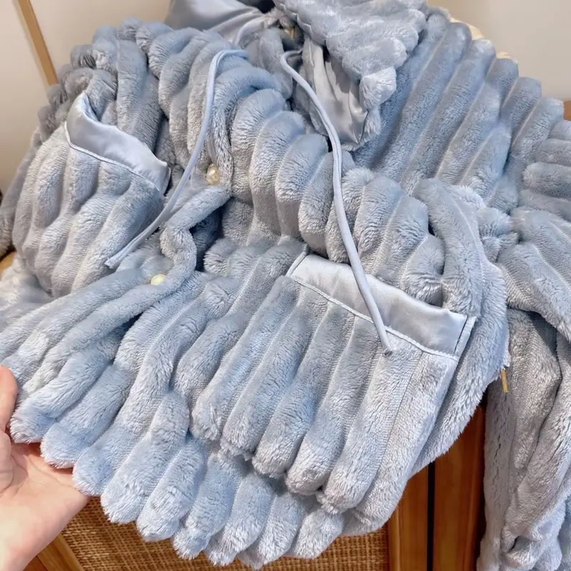 [HOT]Bộ đồ ngủ lông San Hô Bộ Pijama áo khoác cổ sen phối lụa phong cách HQ bông dày dặn,mềm mại cho nữ Women 6