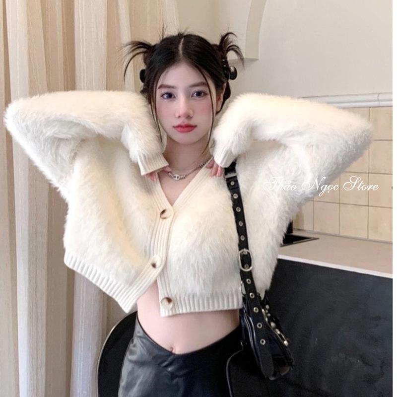 Áo len lông thỏ nữ croptop tay dài cổ tim nút nhựa áo khoác len lông cổ V 3 nút form lửng ! Thảo Ngọc Store Women Kem