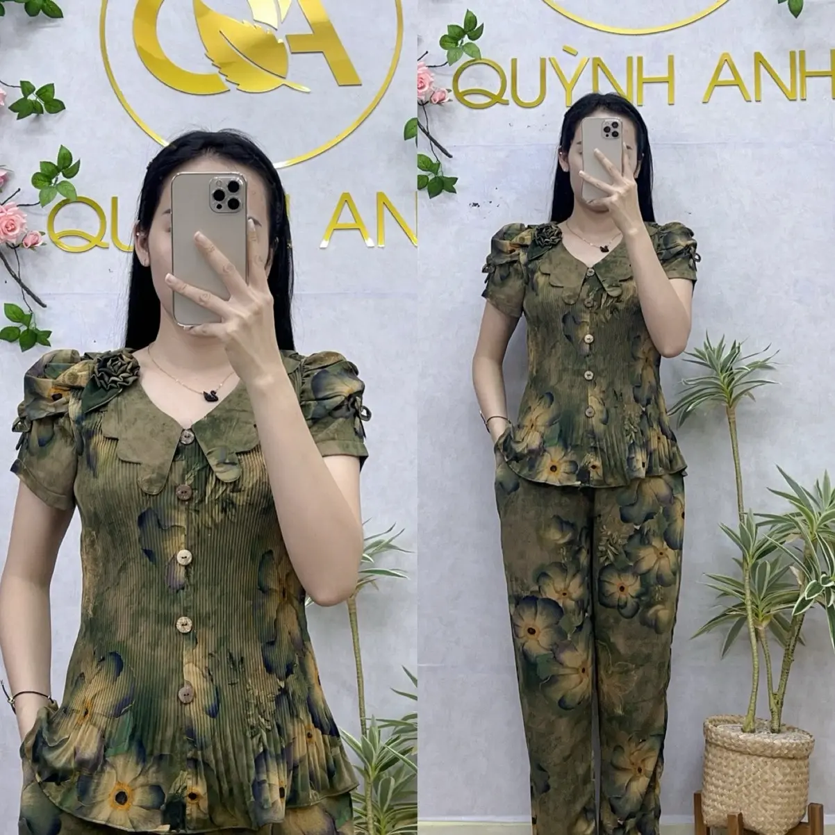 [Quần dài] Set bộ dập ly cổ sơmi lượn sóng chất mango mềm nhẹ mát Áo Nhung Kem Top Voi bomango đồ  bộ set  dạ nữ xinh