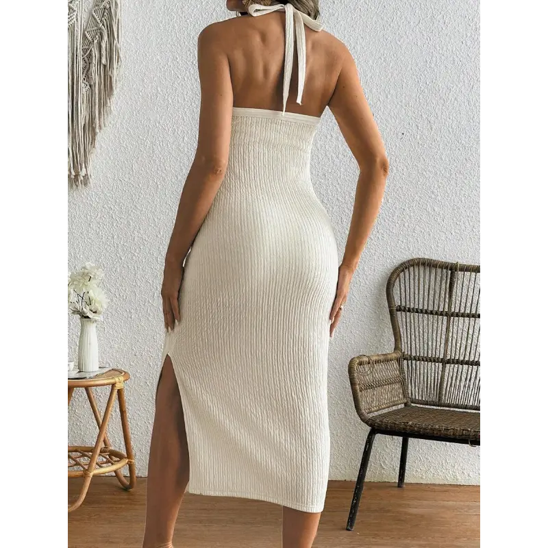 Women's Halter Knitted Dress, Spring/Summer Vacation Romantic Soft Stretchy Ribbed Apricot Elegant Maternity Dress 1