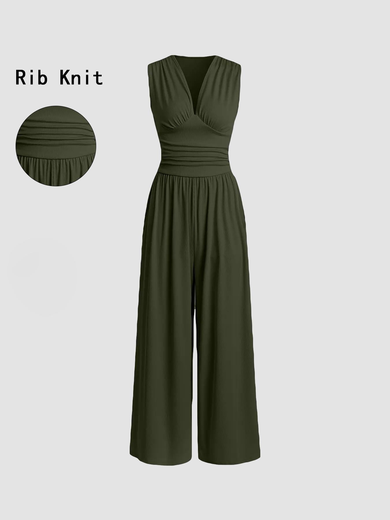 Women's Plain Ruched Deep V Neck Wide Leg Jumpsuit, Sleeveless Ribbed Jumpsuit for Daily Wear, Ladies Clothes for All Seasons, Casual Basic Jumpsuit
