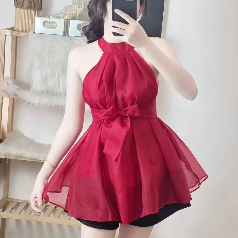 Áo kiểu nữ cổ yếm cột nơ DOLARO, áo voan kiếng 2 lớp sát nách cột nơ mặc được hai kiểu kèm hình thật Kem Jean 2