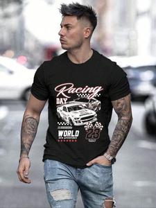 Men's Racing Pattern Print Round Neck Sports Tee, Regular Fit Casual Comfortable Breathable Short Sleeve T-shirt for Spring & Fall, Men's Top for Outdoor Activities