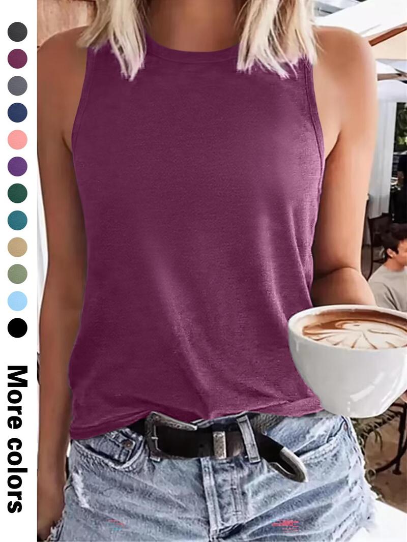 Product Introduction of Women's Plain Round Neck Tank Top, Casual Sleeveless Top for Summer, Ladies Clothes for Daily Wear, Clothing 6