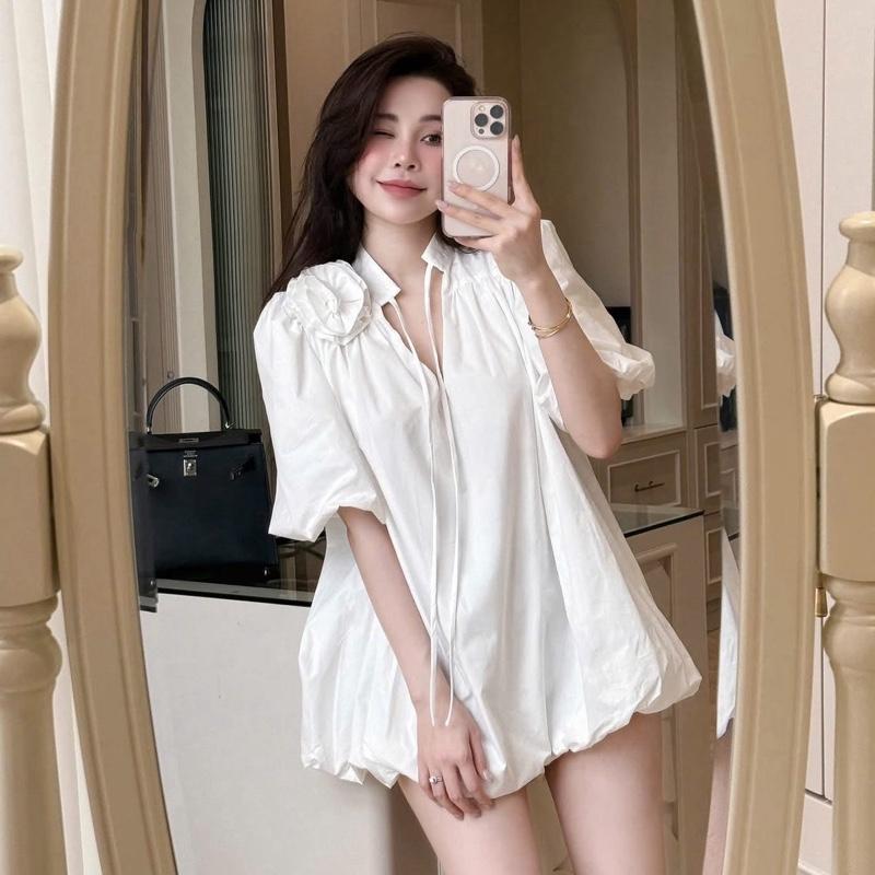 Váy babydoll bom đính hoa cổ tay phồng mix day nơ thắt cổ tiểu thư nhẹ nhàng dress havana . Thời trang hè L.T.L