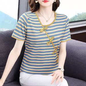 New Fashionable Chinese Style Short T-Shirt Women Stripe Short Tops Stretch Retro Shirts Lady Tees
