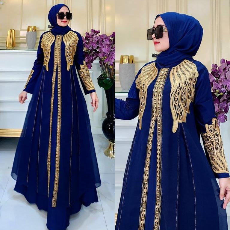 (COD)Gamis Abaya Arab SHANIA Motif Bordir Jersey Mix Ceruty Mote Swarosky Terbaru Muslim Hitam Turki Mewah 1