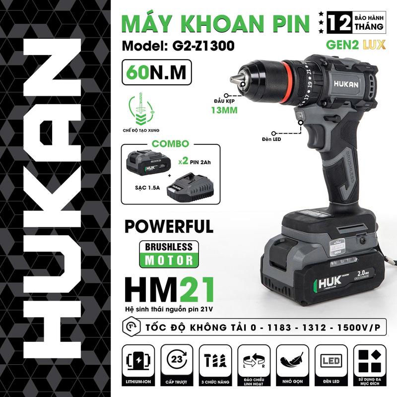 Thân Máy Khoan Đầu 13MM Chạy Bằng Pin 21V Hãng Hukan Mã HK-Z1100/G2-Z1300 - MÁY XÂY DỰNG HỒNG NHIÊN - khoan - hàng chính hãng