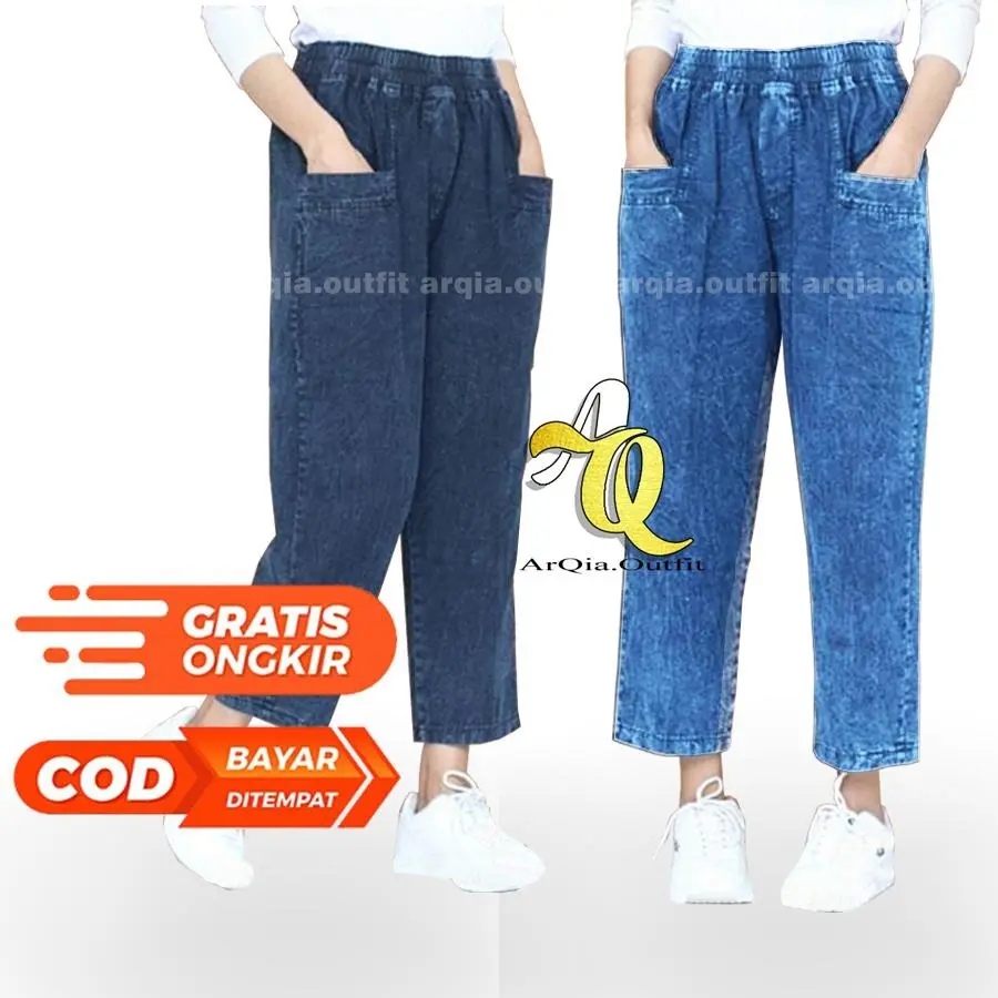 CELANA KOREA JEANS WANITA MODEL TERBRU UKURA ALL SIZE PANJANG 7/9 PINGGANG KARET DAN SUPER JUMBO Biru Dan Hitam